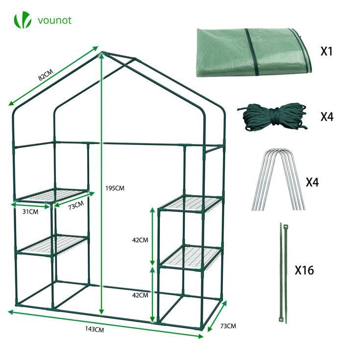 VOUNOT® Serre de jardin avec étagères 143x73x195cm vert - bâche renforcée 135g/m² - fenêtre moustiquaire - porte enroulable zippée