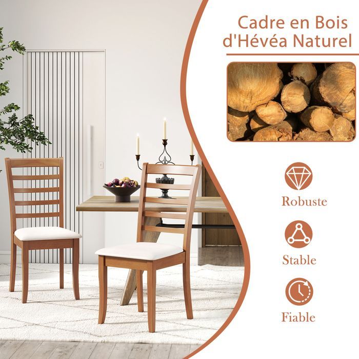 COSTWAY Lot de 2 Chaises de Salle à Manger en Bois Hévéa 44 x56 x96 cm - Dossier Haut à Lattes -Siège 44 x 44,5 cm Rembourrée Beige