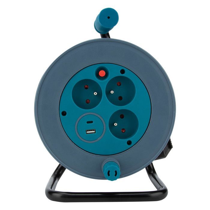 Carrete de cable compacto con 3 tomas + 2 puertos USB C/A, 12 m - Azul - Zenitech