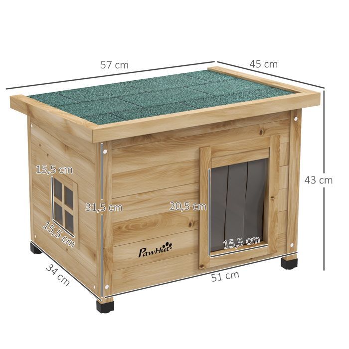 Caseta para gatos - PawHut - caseta elevada de madera para exteriores con techo de asfalto y puerta con cortina - madera - 57x45x43cm - amarillo