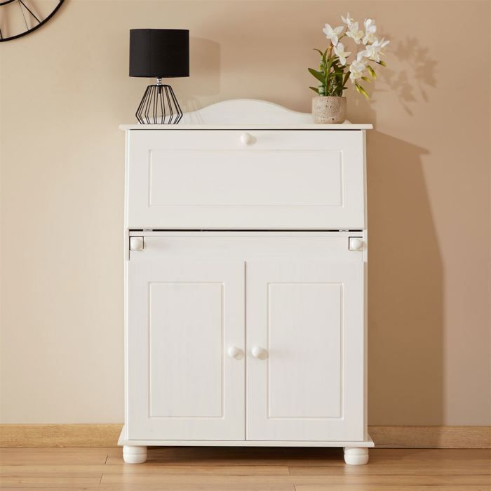 DAVID secretary desk with drop-front storage, multiple shelves, 2 doors and fold-down worktop in solid white-stained pine