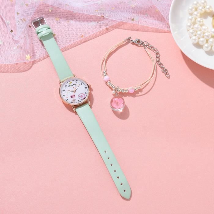 Conjunto de regalo de reloj y pulsera para niñas – Pulsera de cuero verde Sakura Fashion Lovely, regalo para niñas
