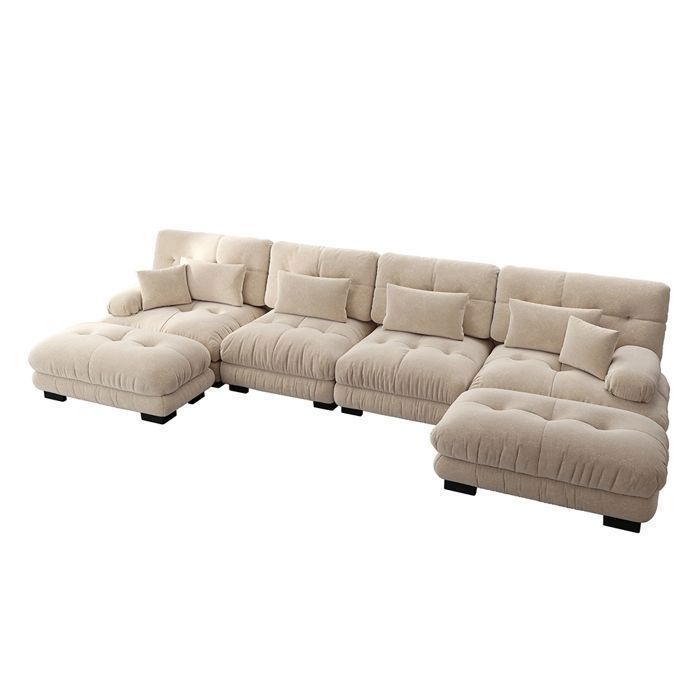 Canapé d'angle Canape Modulable en U - 4 places + 1 pouf amovible chenille Café léger