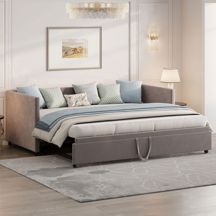 90x200cm Extendable bed frame in grey velvet with slatted base, extends up to 180x200cm, sofa bed, without mattress