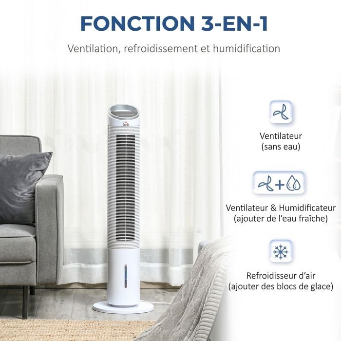 Rafraîchisseur d'Air 3-en-1 Ventilateur Colonne Silencieux Refroidissement par Eau Humidificateur 60W Télécommande Minuteur 8h