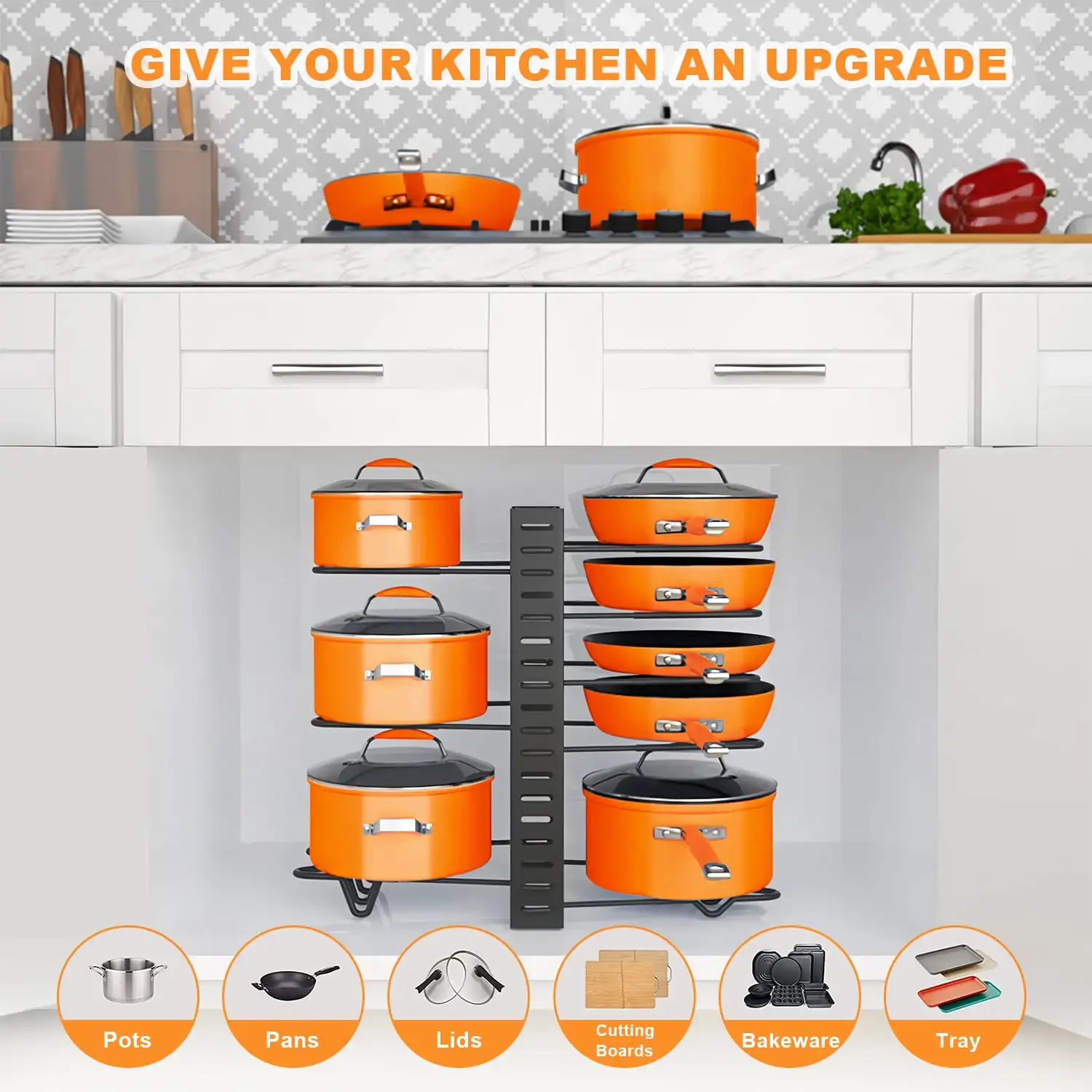 Étagère de rangement pour casseroles et poêles à 8 niveaux, boîte de rangement en métal pour placard de cuisine, idéale pour Noël