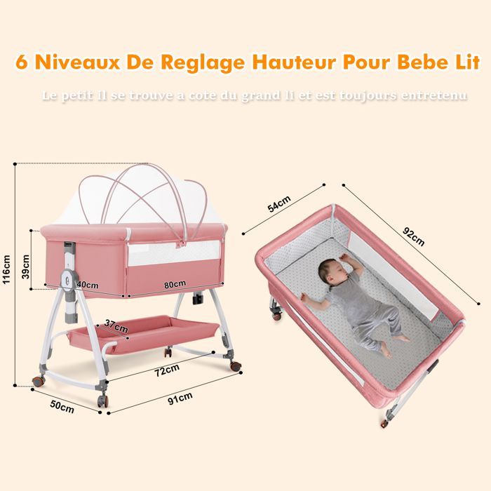 Baby Co-Sleeping Crib with Mattress, Storage Basket, Fixed Strap, 6 Adjustable Heights, Co-Sleeping Crib for Babies 0-18 Months - Pink