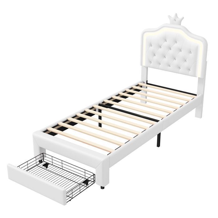 Cama infantil de 90 x 200 cm con cajones - Estructura de cama con cabecero regulable - Iluminación LED - Cama individual para niñas con somier de láminas - En piel sintética