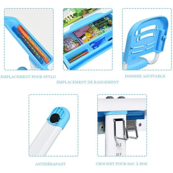 Conjunto de escritorio ergonómico infantil COSTWAY con altura y ángulo ajustables (0-40°), mesa y sillas, mesa de dibujo con 1 cajón, azul