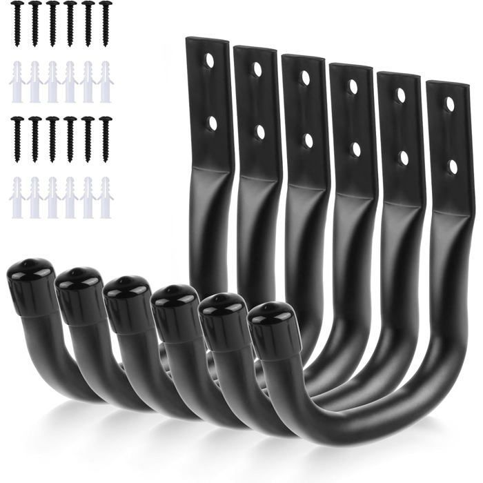 Juego de 6 ganchos para almacenamiento de escaleras de garaje, ganchos de pared para garaje, soporte de bicicleta de pared negro, ganchos de pared resistentes