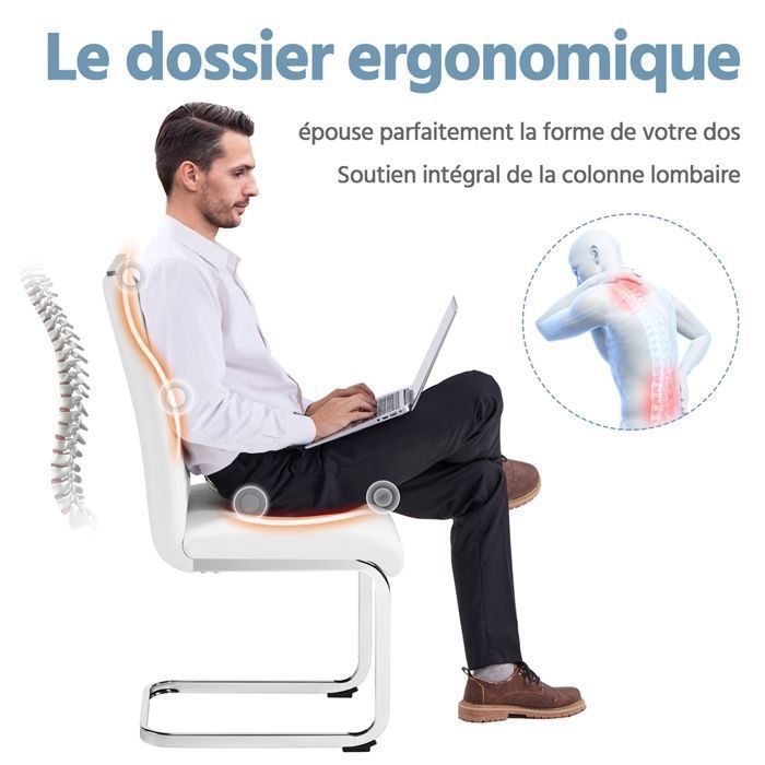 Lot de 4 Chaises Salle à Manger en Similicuir, Haut Dossier & Pieds Métalliques en U, Design Moderne-Cuisine/Appoint,Blanc YAHEETECH