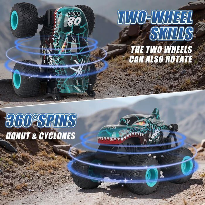 Voiture Télécommandée, Monster Truck, 1:20 RC Tout Terrain, avec LED Musique et 360°Rotation, Cadeau Enfant 4+ Ans, Bleu