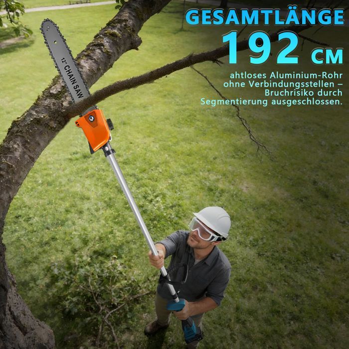 1380W 12″/192cm Élagueuse sur perche & Debroussailleuse à batterie 2-En-1 2×4,0Ah 18800RPM Sans fil, 7 Types de Lames Coupe-Bordures