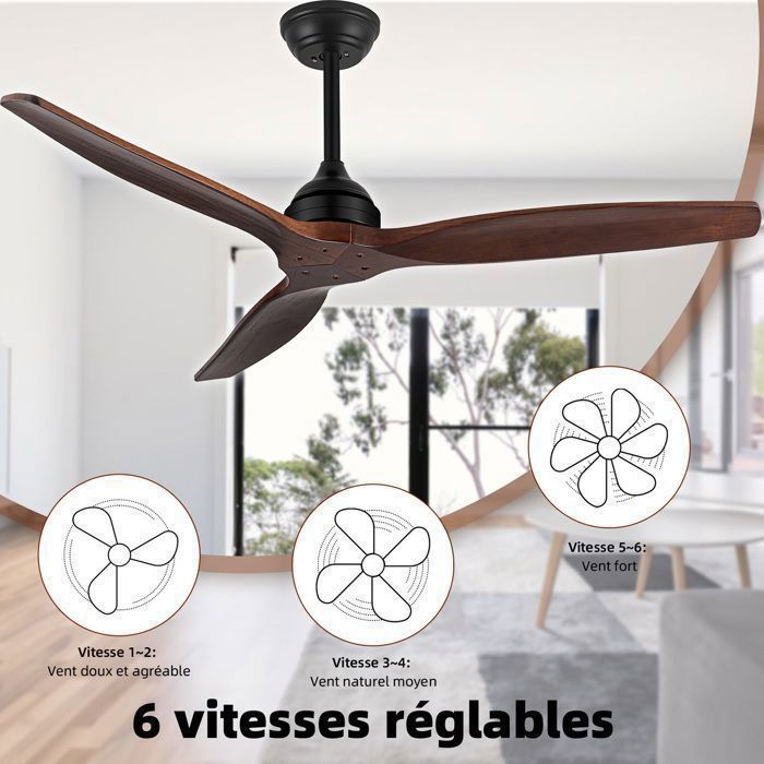 Ventilateur de Plafond Silencieux Réversible avec Télécommande KOTEZU, 132 cm Moteur CC avec 3 Pales en Bois Paulownia Naturel, 35W