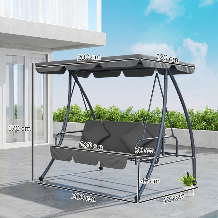 Sedia a dondolo da giardino - Convertibile a 3 posti - Tettuccio inclinabile e regolabile - Materasso - 2 x 1,25 x 1,7 m - Struttura in metallo e poliestere - Grigio chiaro