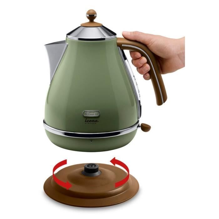 Bouilloire électrique - Delonghi - Icona Vintage - 2000 W - 1.7 L - Vert Olive et poignée canelle