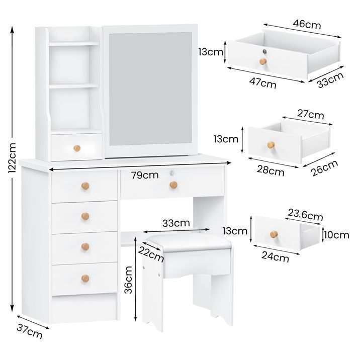 Toeletta con specchio scorrevole - 6 ampi cassetti con maniglie in legno - Ripiani laterali - 80x40x135 cm