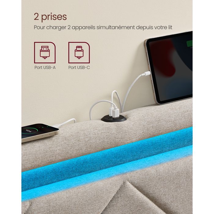 Lit double - VASAGLE - LED intégrée - 4 tiroirs - Beige cappuccino - Tête ajustable