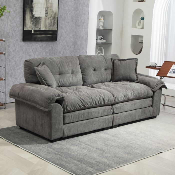 2-zitsbank en fauteuil in grijze chenille met traagschuim - Modern design - Woonkamer - Afmetingen: 160x87x73cm + 87x73x73cm