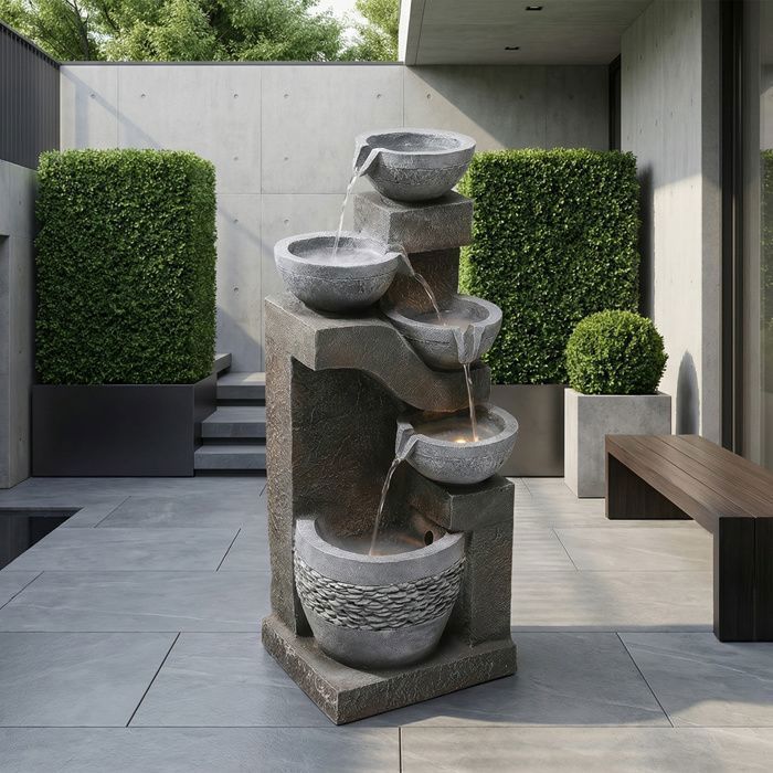 Fontaine de Jardin LED Gris – Fontaine Extérieure Kunststein + Pompe + Lumière LED, Bassin Décoratif, Terrasse/Balcon