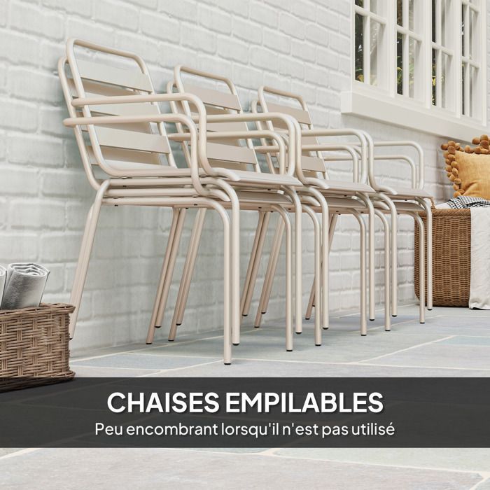 Salon de jardin - Outsunny - 7 pièces - avec 1 table et 6 chaises empilables - en acier - beige