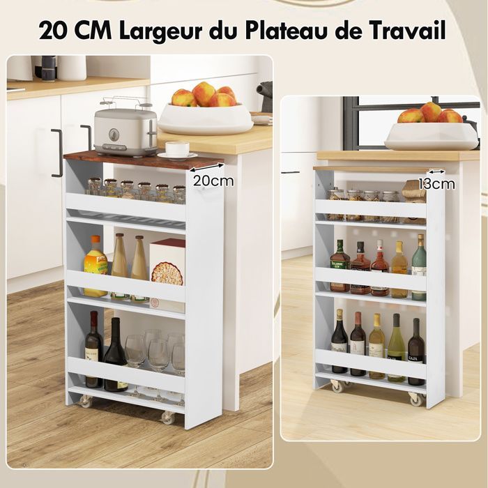 Desserte de Cuisine 20cm à Roulettes COSTWAY, Rangement Etroit à 4 Niveaux, Etagères Ouvertes, Poignée, pour Buanderie,Blanc Marron