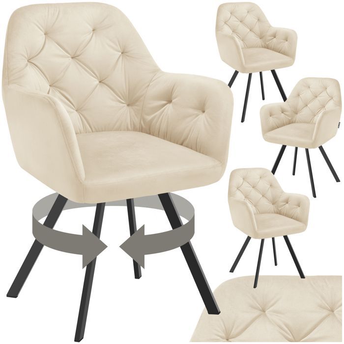 Chaises - TECTAKE - Lot de 4 fauteuils LUCIA pivotants à 180° rembourré en velours motif matelassé 58 x 58 x 87 cm - Crème