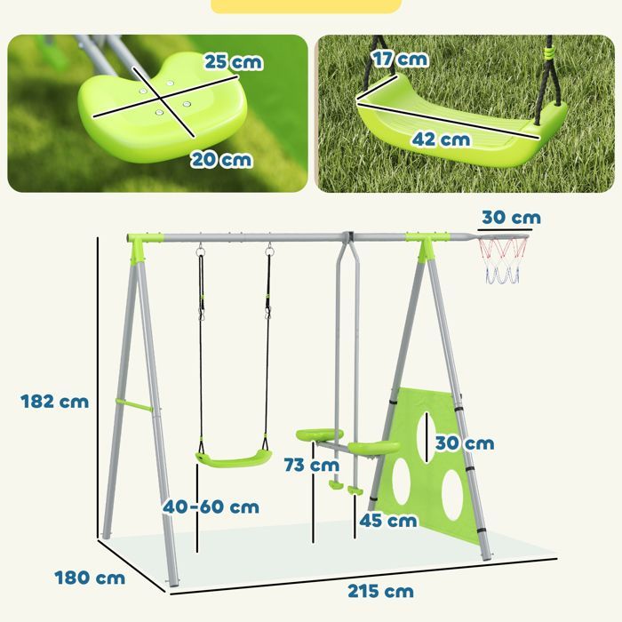 Portique balancoire enfant 4 en 1 - AIYAPLAY - sièges et face à face, panier de basket-ball et but de football, charge 135 kg - vert