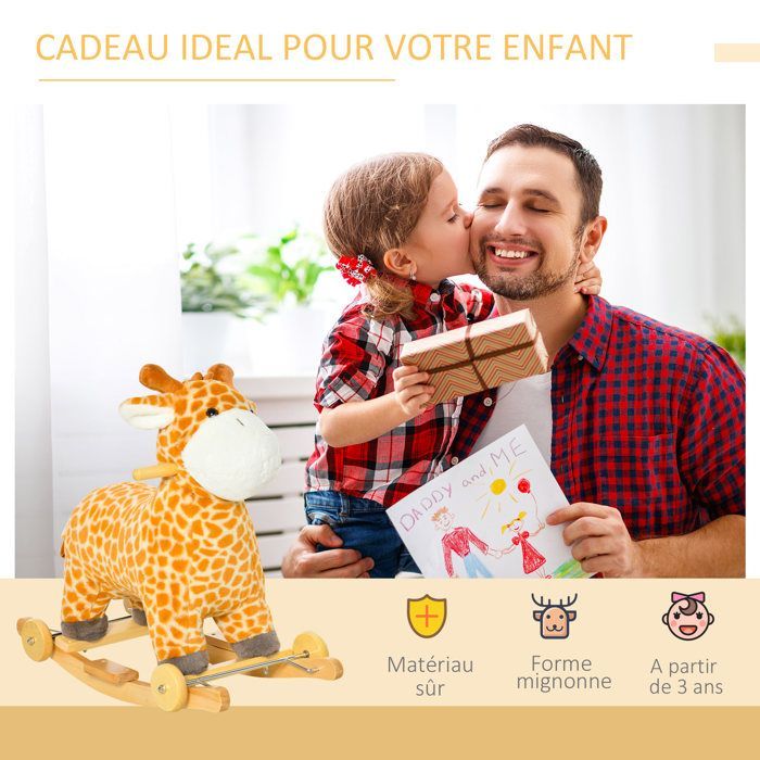 Jouet à bascule girafe et porteur sur roulettes 2 en 1 fonction sonore Dim.63L x 38l x 63H cm