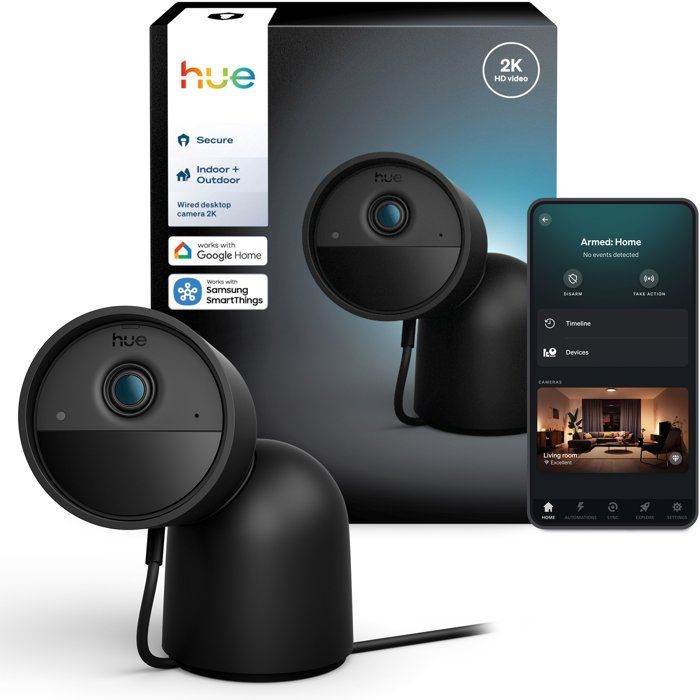 Cámara inteligente Philips Hue para exteriores, con cable, visión nocturna, 2K y color negro.