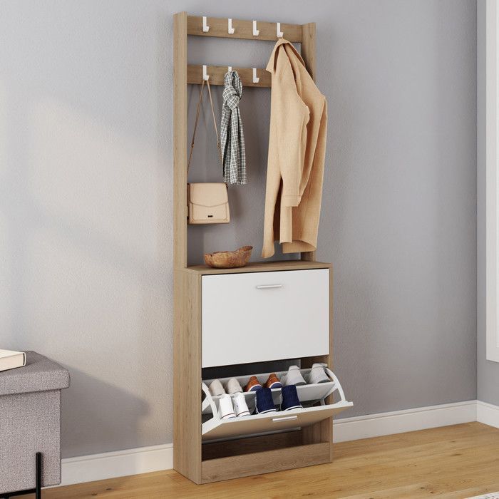 Armario de entrada IDMARKET KLARK, zapatero de 2 puertas, efecto madera y blanco.