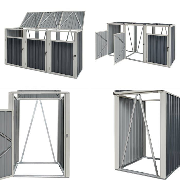 Cache poubelle 3 places avec portes à poignée 121 x 219 x 82 cm gris anthracite 03_0006695