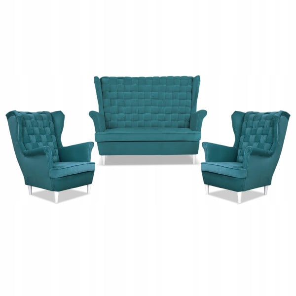 Zestaw wypoczynkowy Carol sofa fotele paski Family Meble turkusowy