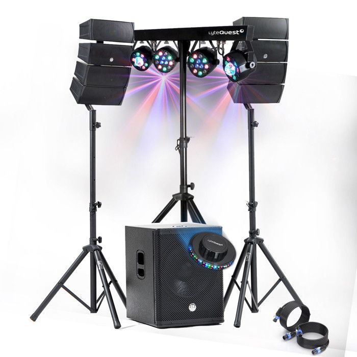 Pacchetto completo di sistema audio DJ da 1200 W di BM SONIC: altoparlanti + subwoofer USB/Bluetooth da 38 cm, cavi, supporto per luci a LED, luce UFO, bar/sala per feste