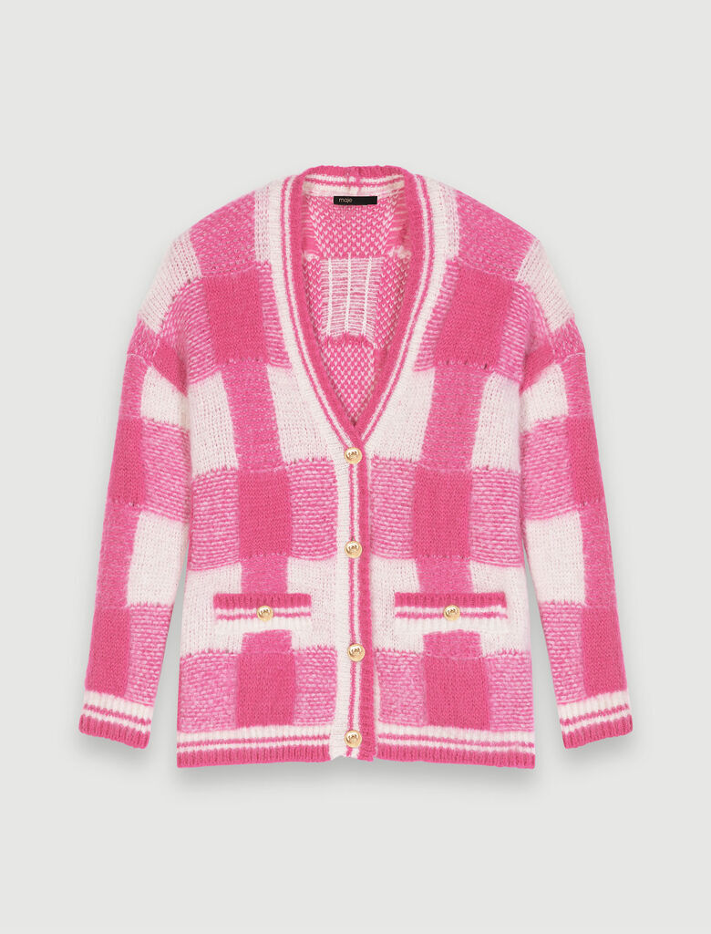 Geruite jacquard cardigan - Rose Fluo/Blanc