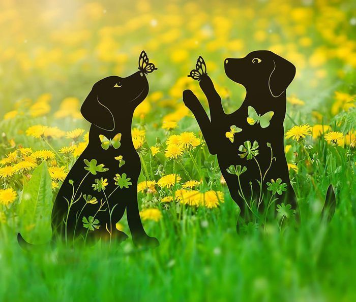 Adornos metálicos para jardín con forma de perro (2 piezas) - AQSACOKIYA - Estacas decorativas para jardín con forma de perro - Decoración para exteriores