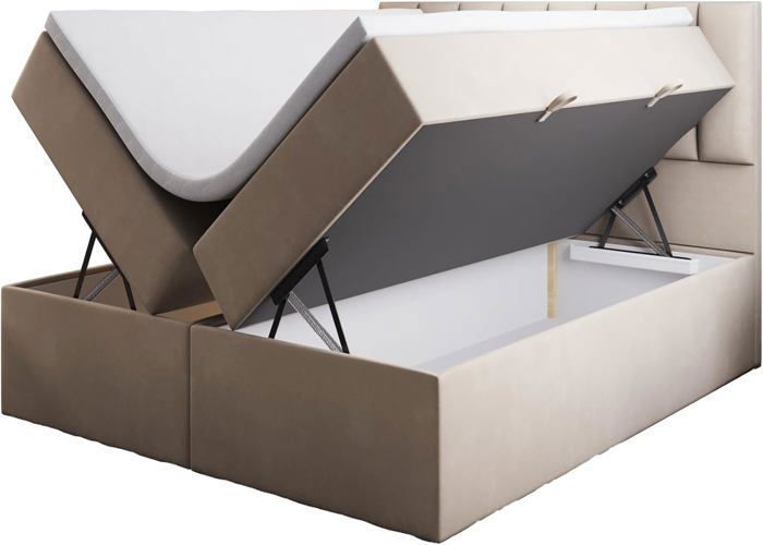 Cama PALERMO para adultos de 160x200 cm - con colchón de muelles integrado, espacio de almacenamiento y sobrecolchón - tejido de terciopelo - beige