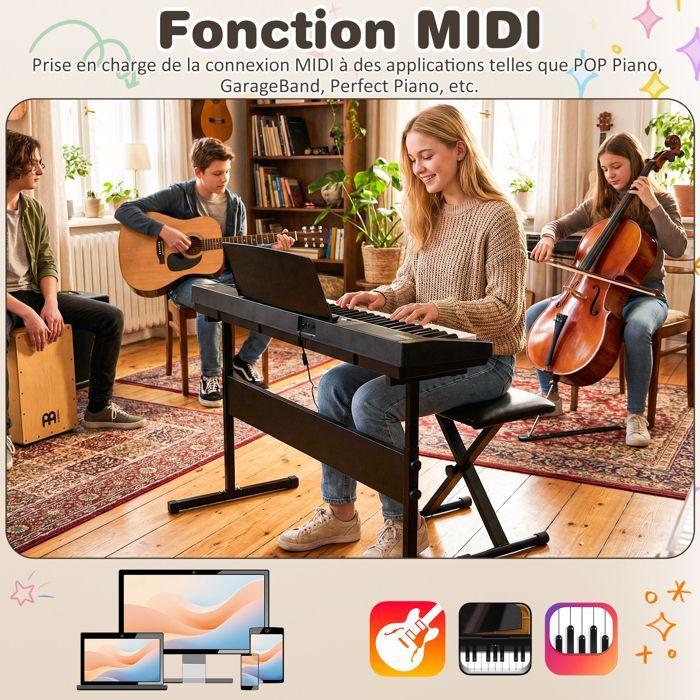 Clavier Electronique 61 Touches Lumineuses avec Tabouret COSTWAY-Support Réglable-Mode Enseignement-Jeu en Duo-Fonction MIDI à APP