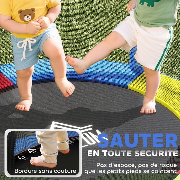 Cama elástica infantil - HOMCOM - Ø 1,40 x 1,90 m (alto) - red de seguridad, puerta con cremallera, 6 postes acolchados, capacidad de carga de 45 kg - multicolor