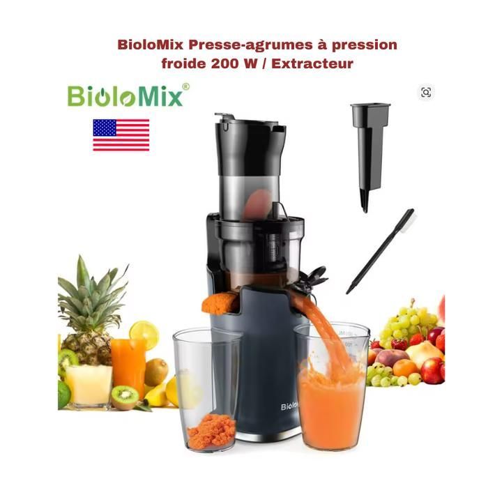 BioloMix Presse-agrumes à pression froide, extracteur de jus à mastication lente à moteur puissant de 200 W - fruits entiers