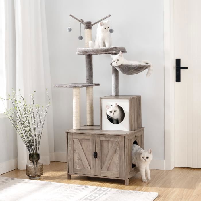 Arbre à Chat - HOOBRO - Maison de Litière - Tour à Chat - Bâton Amovible - Gris