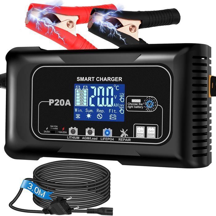 Cargador de batería inteligente de 20 A y 12 V/24 V, cargador de batería para coche, cargador mantenedor de batería automático