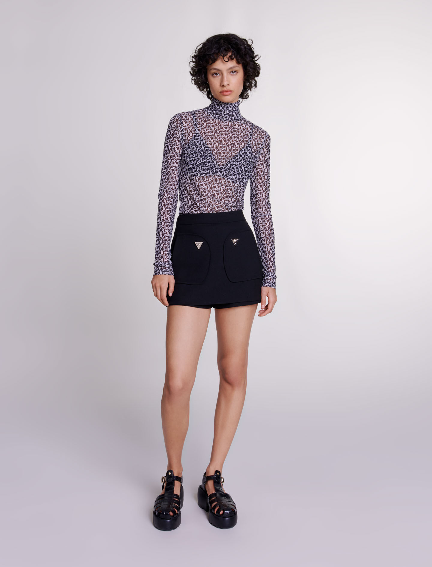 Semi-transparante top met patroon - Zwart/wit