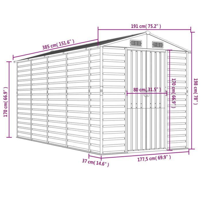 vidaXL Light Brown Garden Shed 191x385x198 cm Galvanized Steel, Garden Storage, Garden Tool Shed 3188278