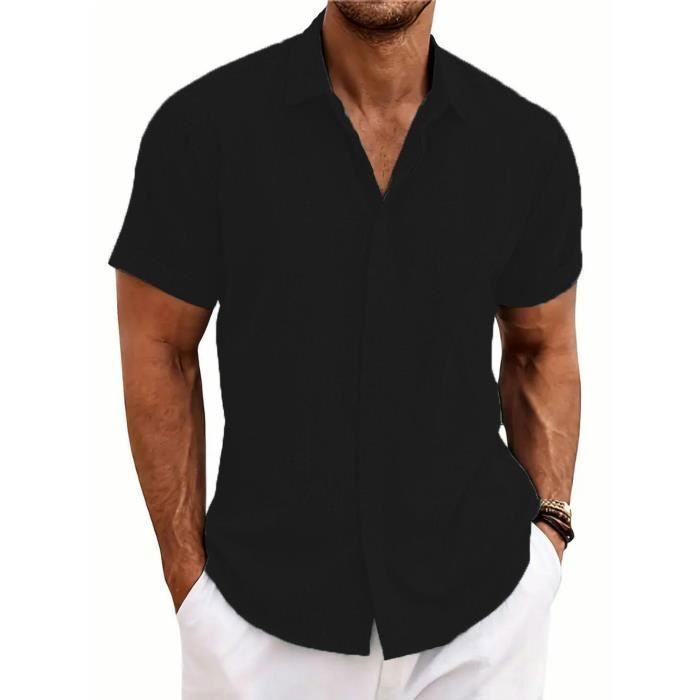 Men's Linen Shirt, Short Sleeve, Breathable, Casual, Regular Fit, Solid Color - EU Size - Black