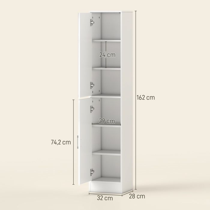 Meuble colonne salle de bain - kleankin - 6 niveaux - porte miroir, étagères réglables - panneau de particules - 32x28x162cm - blanc
