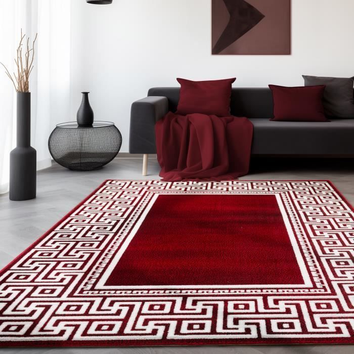 Alfombra de pelo corto, alfombra para salón, estampado griego, borde moteado rojo [120x170 cm, Rojo]
