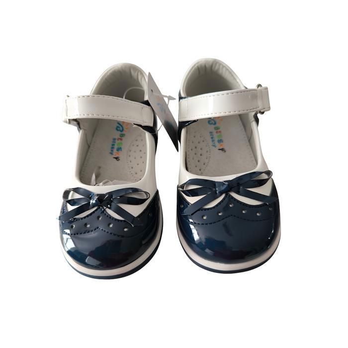 Scarpe - Bambina - Mary Jane - Scarpe a T - Pelle - Vernice - Blu navy - Bianco - Fantasia con fiocco - Taglie 24 e 25