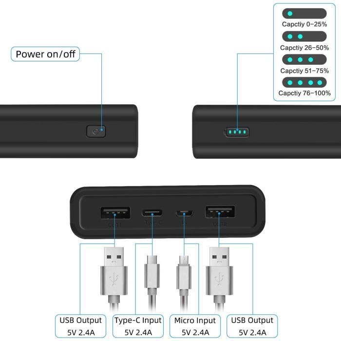 Caricabatterie rapido nero, batteria esterna da 26800 mAh, caricabatterie portatile con 2 porte di uscita, batteria ad alta capacità per smartphone