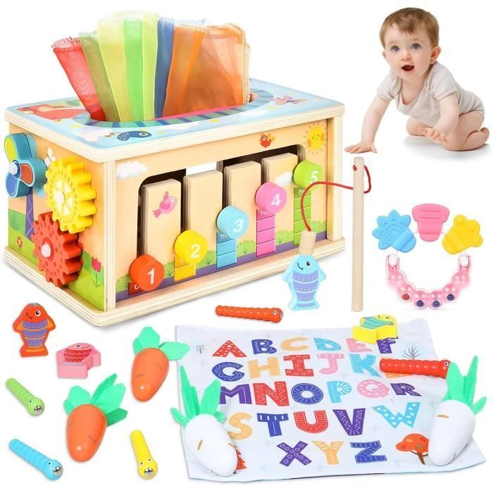 Jouet d'activité - Montessori - Cube d'activité Bébé - Bois et silicone - 8 en 1 - Mixte